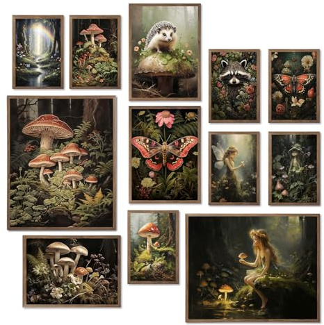 Dazzlewall Dark Cottagecore Wandkunst Set, Mystischer Wald Pilz & Fee Wandbilder für Mädchen-WG Wohnung Wohnzimmer Schlafzimmer 12-teilig Ohne Rahmen