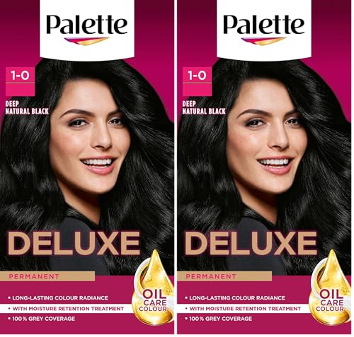 Palette Deluxe Creme Colouration 1-0 Deep Natural Black Hair Dye, Permanent Hair Dye, Long-Lasting Hair Colouring with Moisture Retention Treatment and 100% Grey Coverage (Pack of 2)