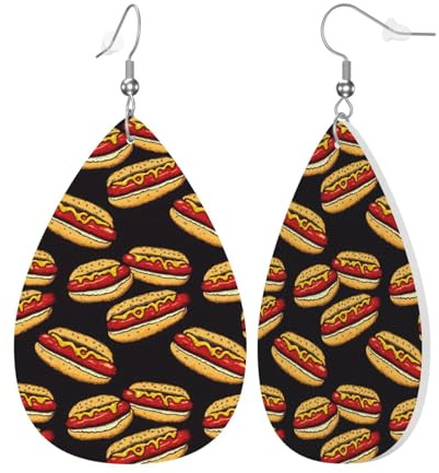 Leder-Ohrringe für Damen, trendig, Tropfenform, Wurst-Sandwich-Druck, groß, nickelfrei, baumelnde Ohrringe, Modeschmuck, Statement-Ohrringe