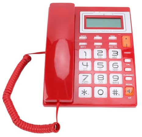 Fockety Téléphone Filaire, Téléphone Fixe Filaire avec Répondeur Numérique et Identification de L'appelant, Affichage de la Date et de L'heure, Haut-Parleur à Numérotation Flash, (Rouge)