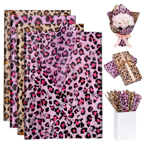 Toptime 100 Blatt Leopardenmuster Seidenpapier, Rosa Braune Seidenpapier Verpackungsmaterial für DIY Basteln, Gepardenmuster Geschenkpapier mit Schleife für Geburtstag Hochzeit Valentinstag, 50×35cm