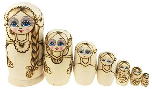 Winterworm Matroschka Puppen 7 Stück lange Zöpfe Mädchen Traditionelle russische Nesting Puppen Holz Stapelspielzeug Kinder Geschenk