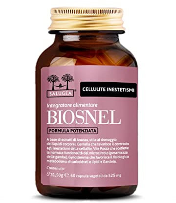 BIOSNEL Formula Potenziata Salugea - Integratore per la cellulite e la ritenzione idrica - 60 capsule - 100% naturale con Ananas, Garcinia, Vite Rossa, Gynostemma - In Vetro Scuro