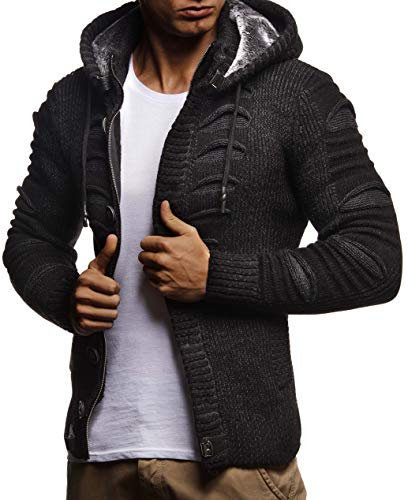 Leif Nelson Strickjacke Herren mit Kapuze & Reißverschluss Schwarz, Größe S - Strick Sweatjacke Männer Cardigan für Winter & Sommer
