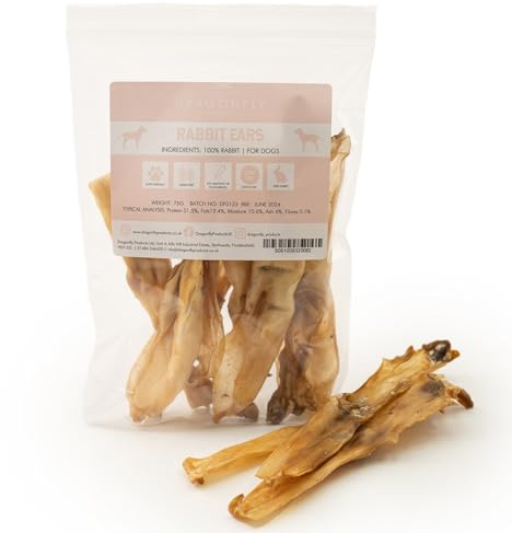 Dragonfly Products Rabbit Ears without Fur for Dogs & Puppies, Natural Chew | air-dried single ingredient, hypoallergenic, grain & gluten free, rawhide free, supports dental health, 300g, 20 pack