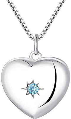 YL Damen Kette Herz Medaillon Zum Öffnen für Bilder 925 Sterling Silber Foto Medaillon Aufklappbar Halskette mit Aquablauer/Spinell/Rosa/Grün/Rubin Zirkonia Edelstein Anhänger Schmuck