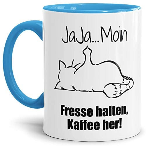 Tasse mit Spruch - Nö-Katze Ja Ja Moin - lustige Tasse für die Arbeit/Bürotasse/freche Tasse mit Katze/Geschenkidee lustig - Innen & Henkel Hellblau