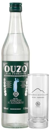 Ouzo Tirnavou green 0,7l Flasche 37,5% + 1 Original Glas | Aus der ältesten Ouzo Destillerie der Welt | Katsaros Distillery seit 1856 | Milder Ouzo (1x 0,7l + 1 Glas)