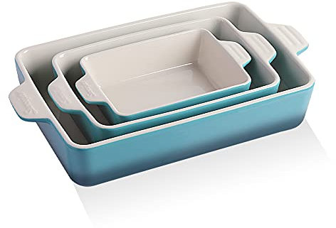 Sweejar Ceramic Bakeware Set, Rectangular Baking Dish for Oven Lasagna Pans for Cooking, Kitchen, Cake Dinner, Banquet and Daily Use, 11.8 x 7.8 x 2.76 Inches of Casserole Dishes (Gradient Blue)