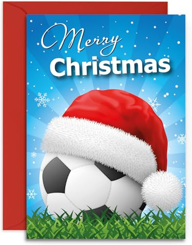 Grußkarte mit Fußball-Motiv Merry Christmas, glänzend, mittelgroß, A5, 148 x 210 mm, mit Haftklebeumschlag