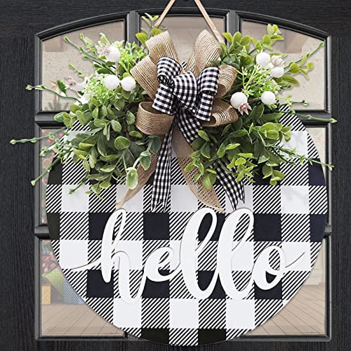 spring door wreath decoration, Black and White Buffalo Plaid Check Decor,Front Door wreath,spring summer Wooden Door Hanger and Wall Decor,kitchen decor-12 inch
