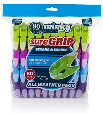 Minky SureGrip Pegs, Assorted colours, Pack of 80