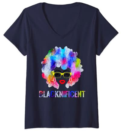 Damen Blacknificent Hipster-Brille mit Aquarell-Kunst, Afro-Frauen-Geschenk T-Shirt mit V-Ausschnitt