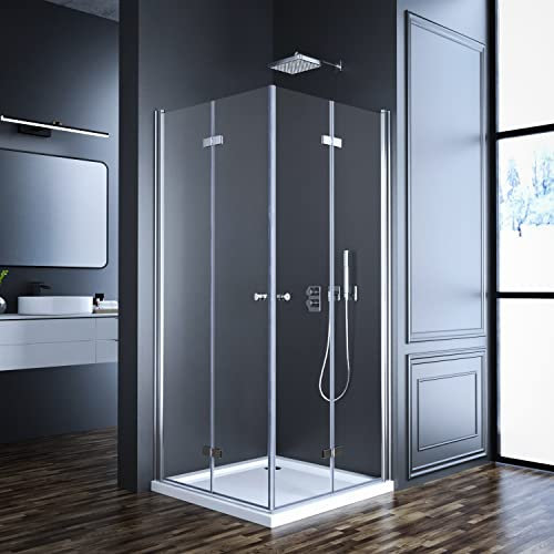 Goezes Duschkabine Eckeinstieg, Duschkabine 90x75cm Eckeinstieg Falttür Drehfalttür Falttürkabine 6 mm Sicherheitsglas Doppel Duschtür Höhe 185cm, LINKS & RECHTS MONTIERBAR