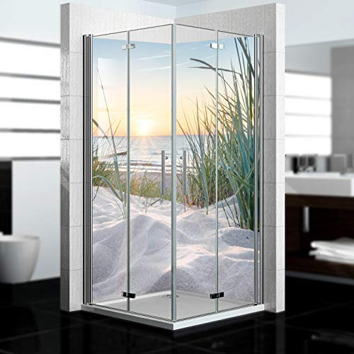 dedeco Eck-Duschrückwand wasserfest Motiv: Sonnenaufgang V1, UV-Lack matt, 2x 100x210 cm, Badrückwand zum Fliesenersatz, als Dekorwand, Wandverkleidung und Duschplatte aus Aluminium - Made in Germany