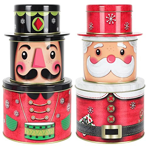 Whaline 2 Pack Christmas Food Tin Box Set Large Santa Claus Nutcracker Design Candy Tin Containers 3D Metal Cookie Tin Jar with Lid for Storing Treat Chocolate Christmas Wrapping Party Favor Supplies