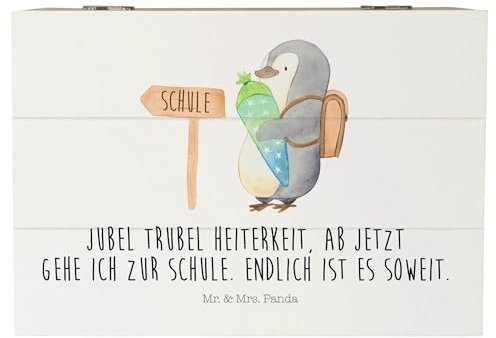 Mr. & Mrs. Panda 22 x 15 cm Holzkiste Pinguin Schultüte - Geschenk, Aufbewahrungsbox, Geschenk zur Einschulung, Schulranzen, Geschenkdose, Truhe,
