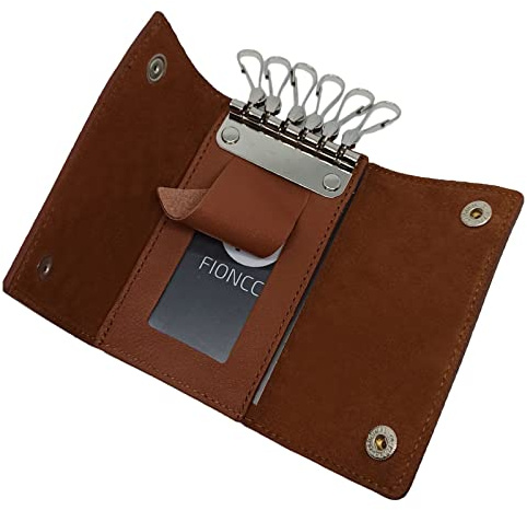 FIONCCI Portachiavi in ​​vera pelle artigianale per uomo, donna, elegante e resistente, 6 Chiavi Cammello