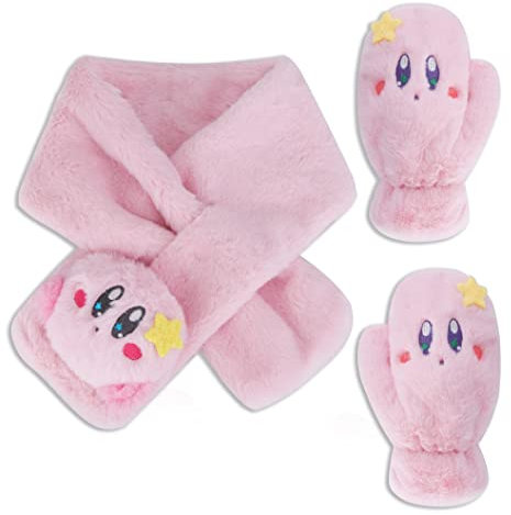 Roffatide 2 PCS Anime Fäustlinge Handschuh Schal Set Kirby Fuzzy Schal Vollfinger Plüsch Fleece Fäustlinge Handschuhe Winterschal Rosa Klein