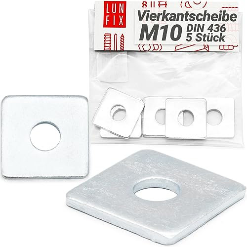 Lun Fix Quadratische Unterlegscheibe M10 30x30x3,0mm - DIN 436|5 Stck.|Vierkantscheibe verzinkter Stahl, Flache Vierkantscheiben für Bolzen Gewindestangen,Rechteckige Unterlegscheiben mit Rundem Loch