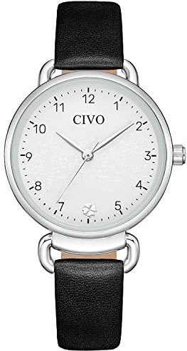 CIVO Armbanduhr Damen Lederarmband Schwarz Damenuhr mit Zahlen Analog Quarz Elegant Kleid Uhr Damen Wasserdicht Mode Geschenke für Frauen