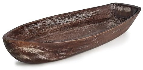 CAMLOT Rustic Wooden Serving Tray, Boat Shape Decorative Tray Vintage Centerpiece, Farmhouse Rustic Trays, Key Tray, Decorative Platter for Countertop Home Decorations- Distressed Brown。(Size M)