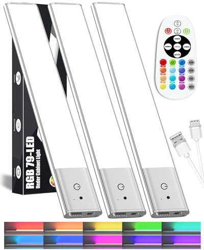 Kasanfe 79-LED Under Cabinet Lights Wireless, RGB Under Cabinet Lighting, Rechargeable Closet Lights Remote, Under Counter Lights for Kitchen Shelf Pantry Desk, 15 Colors(3 Packs)