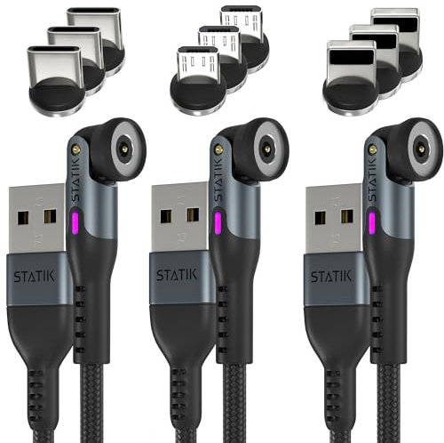 Statik 360 Magnetic Charging Cable - USB C Charger Cable, Phone Charger 3 in 1 USB C to USB C, Micro USB & iProduct Tips, USB A Adapter - Black 6FT/2M, 3-Pack