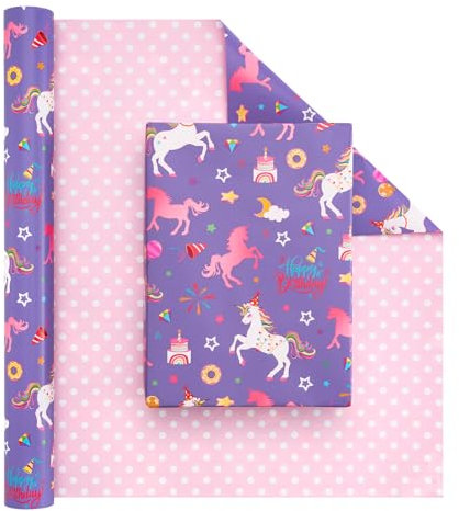 WERNNSAI Wende Geschenkpapierrolle mit Einhornmotiv – 1 Rolle 43 cm cm x 10 m Geburtstag Geschenkpapierrolle Einhorn Geburtstag Geschenkpapierrolle für Kinder unicorn wrapping paper single roll