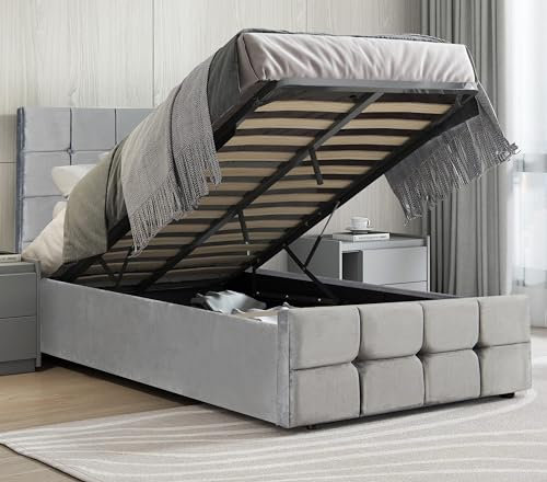 Blisswood Upholstered Ottoman Bed, 3ft Single Bed Frame UKFR Velvet Light Grey Ottoman Storage Bed With Gas Lift End Opening Wooden Slats With Storage Bed (3ft Single, No Mattress)