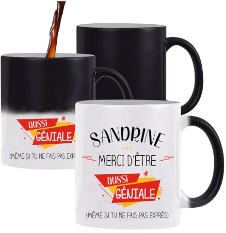 Planetee Tasse Magique Sandrine géniale sans faire exprès | Mug qui change couleur avec la chaleur | Idée Cadeau Humour Collègue Travail Famille Anniversaire Noël
