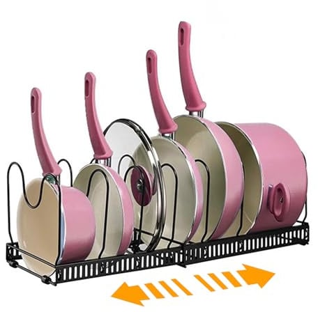 SHUESS Pfannenhalter für Schublade, Erweiterbarer Topfdeckelhalter mit 7 Verstellbaren Teiler, Topfdeckel Aufbewahrung Pfannen Organizer Deckelhalter für Küche, Schwarz