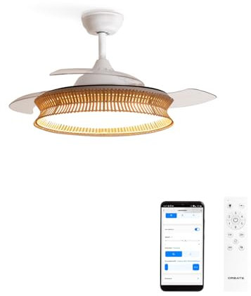 CREATE / WIND CLEAR/Ventilador de techo con luz blanco y mimbre nudo con mando y Wifi / 40W, Ø108 cm, temporizador, 6 velocidades, aspas retráctiles, 3 temperaturas de luz, función verano-invierno