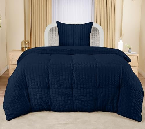 Utopia Bedding Seersucker Bettwäsche 135x200 Set - Mikrofaser Polyester Bettbezug 135x200 cm + 1 Kissenbezug 80x80 cm - Marineblau