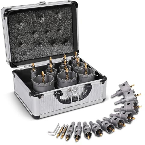 Worker Bee Set di seghe a tazza resistenti, 12 pezzi, kit con fresa a tazza in metallo duro, punta pilota placcata in titanio, scatola in alluminio antiruggine