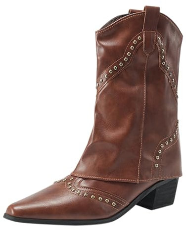 Generico Stivali Camperos Donna Western Texani Stivaletto a Punta Stivali Texani Camperos Stivaletti da Cowboy Cowgirl Stivali Donna Indianini Tronchetti a Metà Polpaccio Cerniera Boots