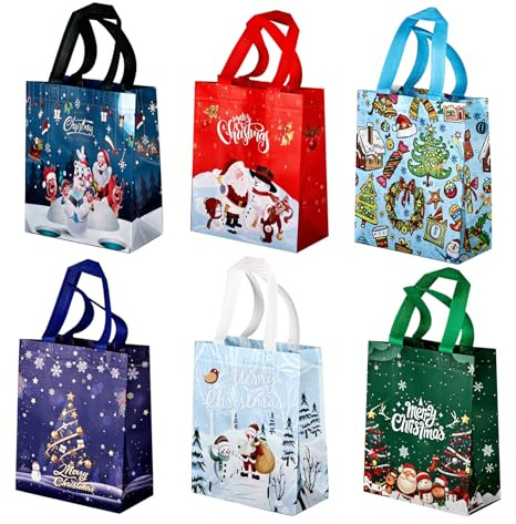 BSITSSS 6 Stück Geschenktüten Weihnachten, Non Woven Weihnachtsgeschenktüten, Weihnachtstüten mit Griffen, Weihnachtstaschen Wiederverwendbar, Niedlich Tragetasche, 25 x 20 x 15 cm