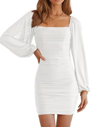 Haibang Vestidos de Fiesta Mujer Elegantes Manga Larga Vestido Corto de Malla con Cuello Cuadrado Vestido Sexy Ajustado Bodycon Ruched Mini Vestido para Fiesta Cóctel Noche Club Ceremonia