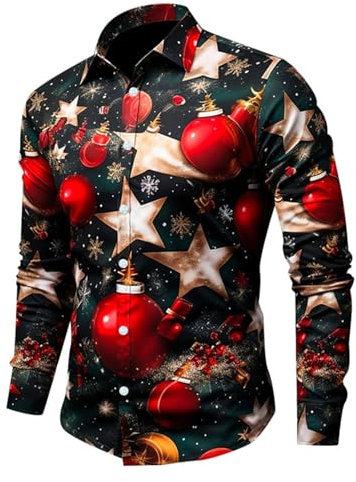 PAIDAXING Men's Christmas Shirts Funny Santa Clus Digital 3D Printed Tops Casual Button Down Lapel Long Sleeve Polo Shirts Graphic Xmas Tshirts Blouse Christmas Outfits for Men UK