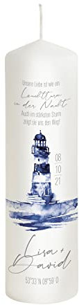 Liamoria® Hochzeitskerze Leuchtturm Watercolor mit Namen, Datum und Spruch - Modell David - Maritime Kerze zur Hochzeit (25 x 8 cm)