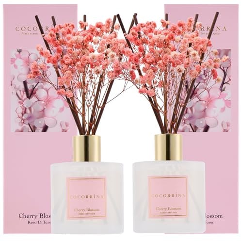 COCORRÍNA Raumduft Reed Diffuser mit 8 Duftstäbchen 200ml, Cherry Blossom, 2 Pack, Natürlich, Langanhaltend, Home Duft für Badezimmer Regal Dekoration