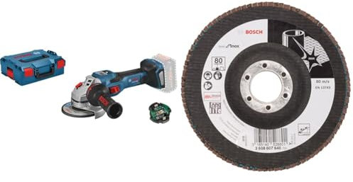 Bosch Professional 18V System BITURBO Winkelschleifer GWS 18V-15 SC (Aufnahmeflansch, Schutzhaube, Zusatzhandgriff, L-BOXX, ohne Akku/Ladegerät) + Fächerschleifscheibe X581 Best for Inox Korn 80