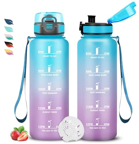 Gourde 1,5l, Gourde Sport, Gourde Anti-Fuite, Facile à Nettoyer, Gourde Graduée pour 1 Journee, Gourde Motivation avec Marqueur de Temps, Gourde Motivation, Bouteille pour Running, Voyage, Extérieur