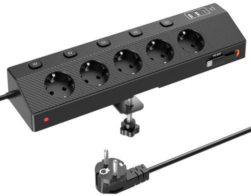 Tischsteckdose Steckdosenleiste mit 2 USB C (PD 30W), PASSUS 5 Fach Mehrfachsteckdose Schreibtisch mit Überspannungsschutz & Einzeln Schaltbar, 10-in-1 Ecksteckdose mit 2M Kabel für Büro, Schwarz
