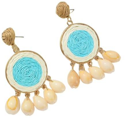 Pendientes Colgantes Bohemios De Rafia Azul De Ratán Hechos A Mano, Pendientes De Verano con Borlas De Concha para Mujer.