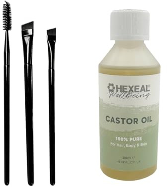 Hexeal Castor Oil 250ml with 3 Pack of Brushes – 250ml Bottle Of 100% Pure, Cold Pressed, Food Grade Castor Oil - Natural Moisturiser for Hair, Eyelashes, Eyebrows, Skin & Nails
