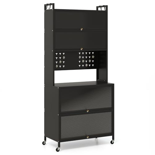 GiantexUK Kitchen Cupboard on Wheels, 6 Tier Bakers Rack Microwave Stand with Translucent Flip Doors, Pegboard & Hooks, Freestanding Pantry Cabinet for Dining Living Room