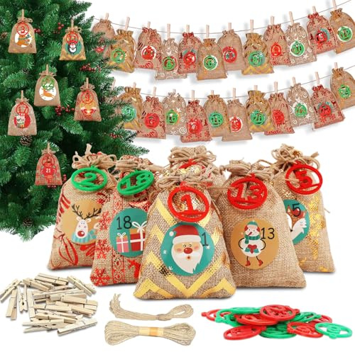BEIUEN Adventskalender Jutebeutel Set 24 Stück,Weihnachtsbeutel zum Befüllen & Aufhängen, wiederverwendbar