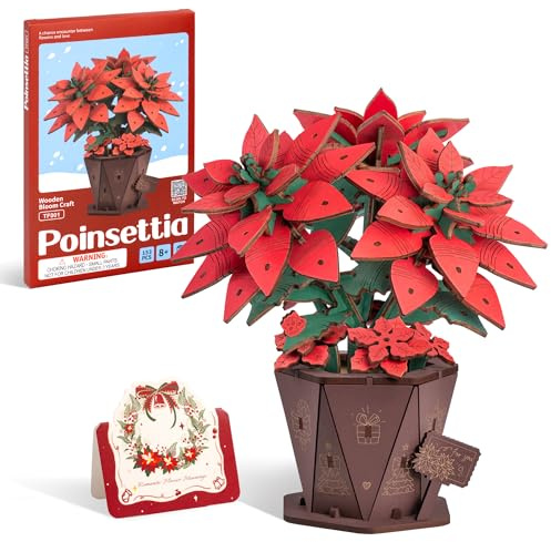 ROBOTIME 3D Puzzle Holz Weihnachtsstern, Kunstblume Modellbausatz für Erwachsene, Deko Accessoires für Zuhause, DIY Bastelprojekt, Kreative