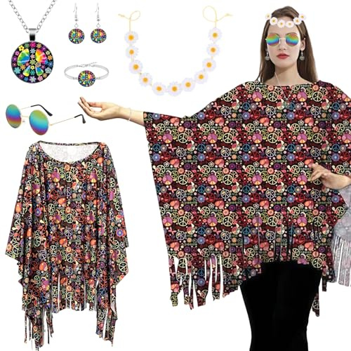 SSKHE 70s Hippie Costume Accessories Set, Boho Cape with Necklace Earring Bracelet Sunglasses Headband, Fancy Dress Women Disco Retro Festival Outfits, Hippy Clothes for Carnival Cosplay Party